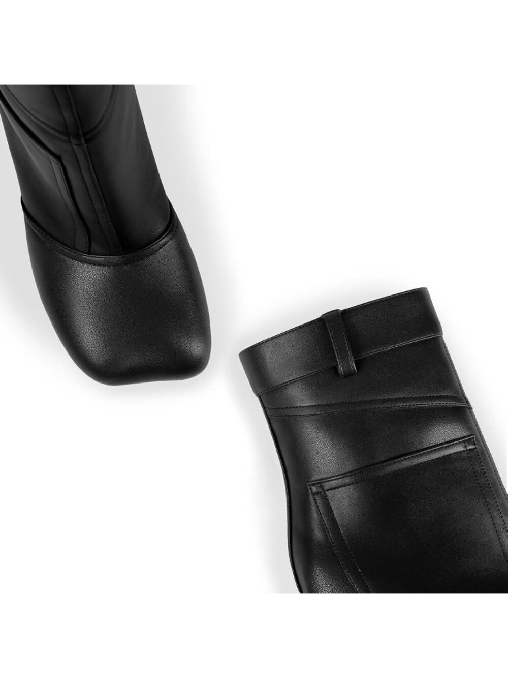 Women's Black Polyurethane Square Petal Square Toe Pull On Short Ankle Boots - Picture 2 of 6